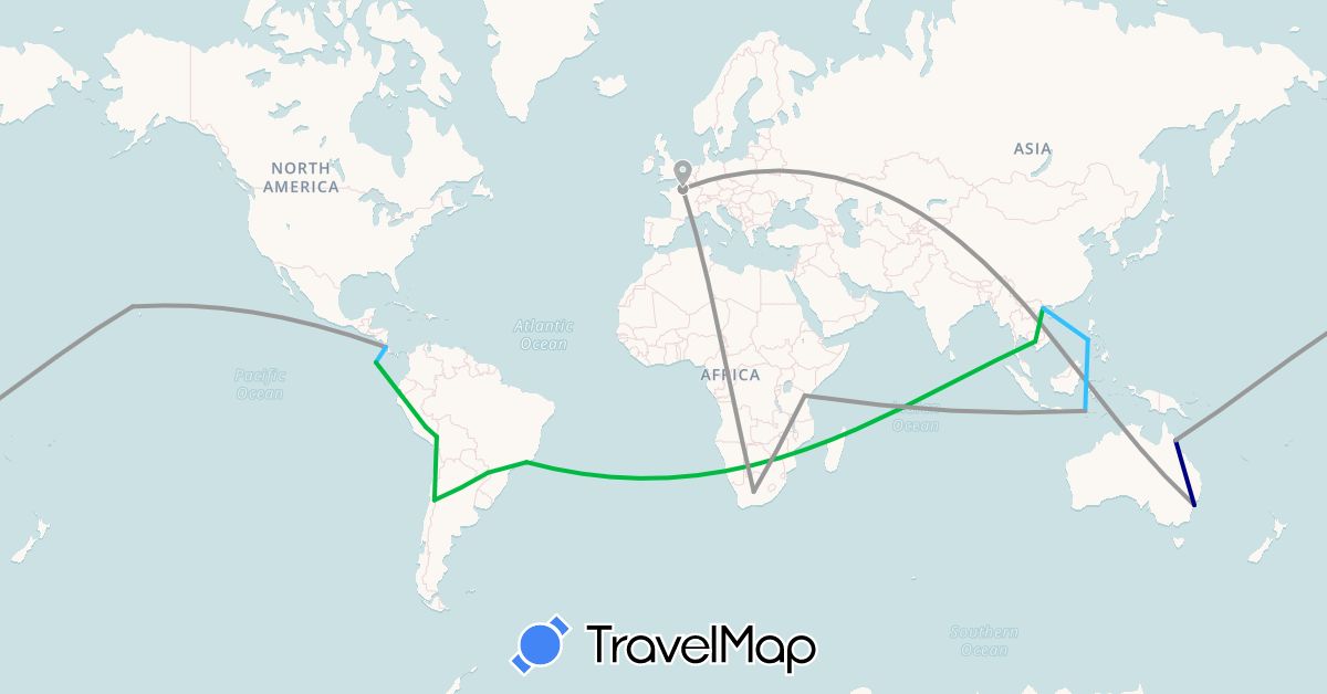 TravelMap itinerary: driving, bus, plane, boat in Argentina, Australia, Brazil, Costa Rica, France, Cambodia, Peru, Tanzania, United States, South Africa (Africa, Asia, Europe, North America, Oceania, South America)